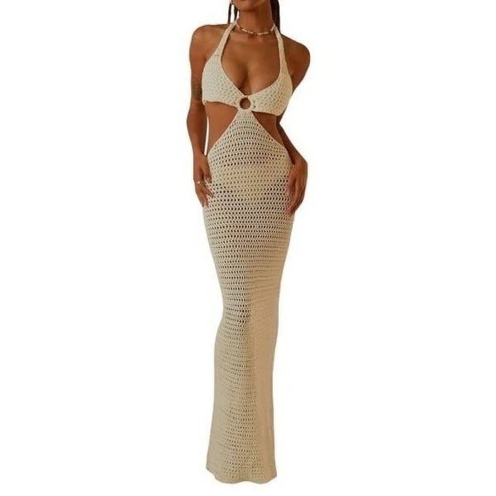 Crochet Halter Maxi Dress Cutout‎ Knit Cover Up Beach Summer - Size L
